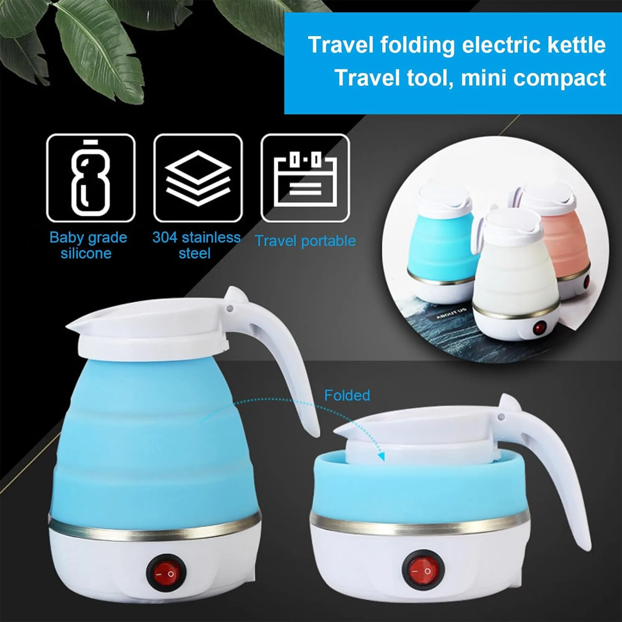 Kuber Industries Foldable Electric Kettle 600 ML | Silicone Body With 304-Stainless Steel Base | Leak Proof Design | Multipurpose Portable Electric Kettle for Travel, Office & Home | 600W | Blue