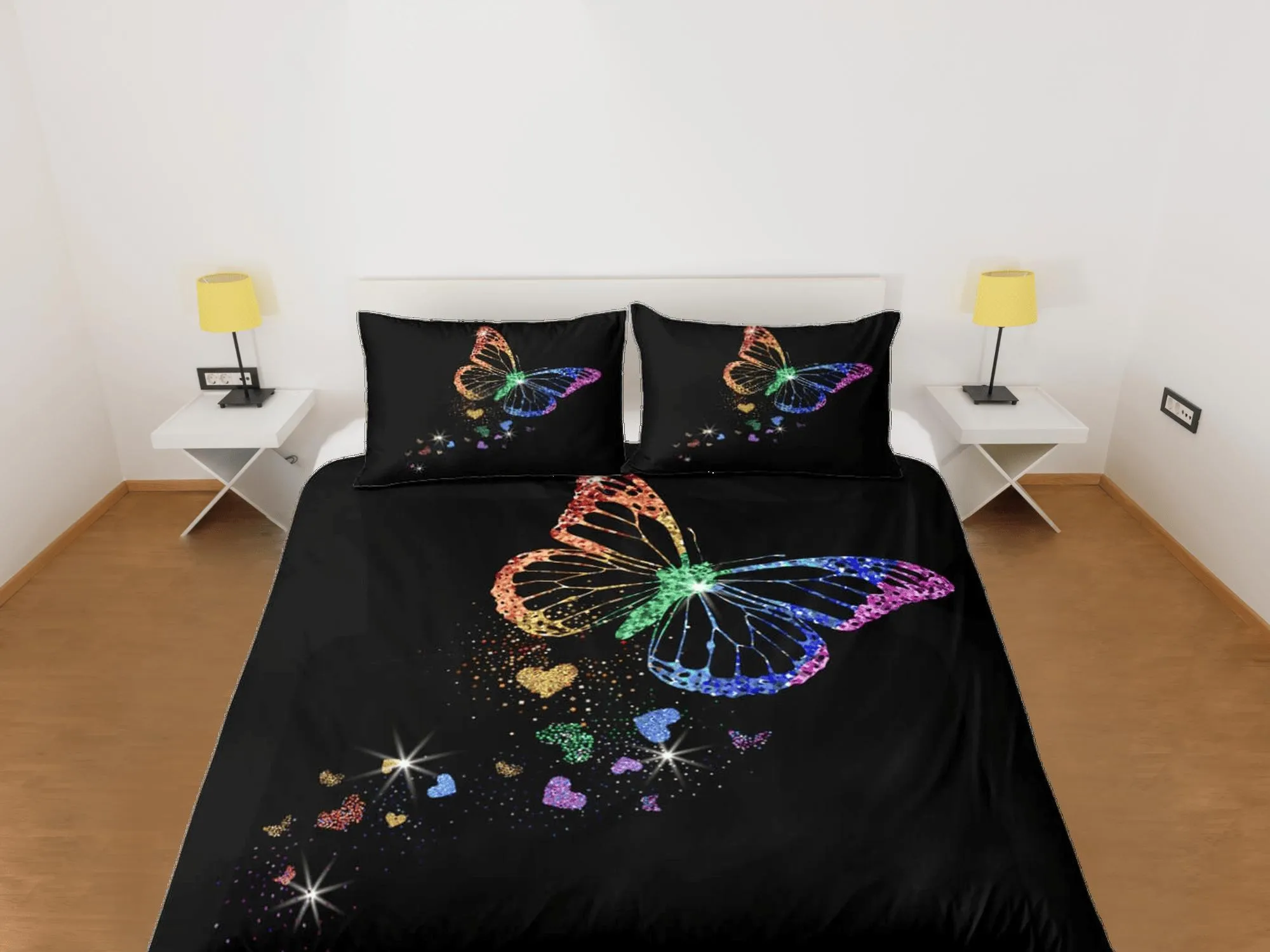 Lgbt butterfly rainbow bedding black duvet cover colorful dorm bedding, full size adult duvet king queen twin, nursery toddler bedding