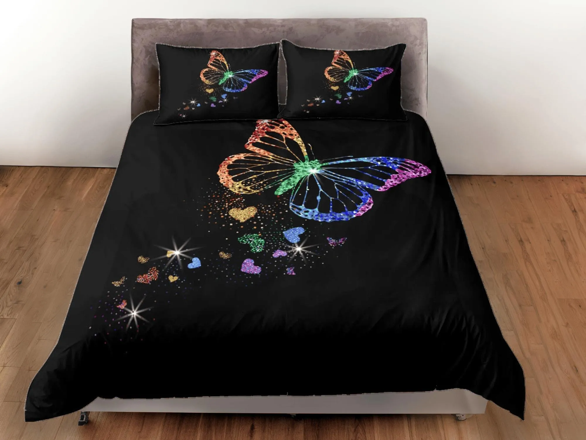 Lgbt butterfly rainbow bedding black duvet cover colorful dorm bedding, full size adult duvet king queen twin, nursery toddler bedding