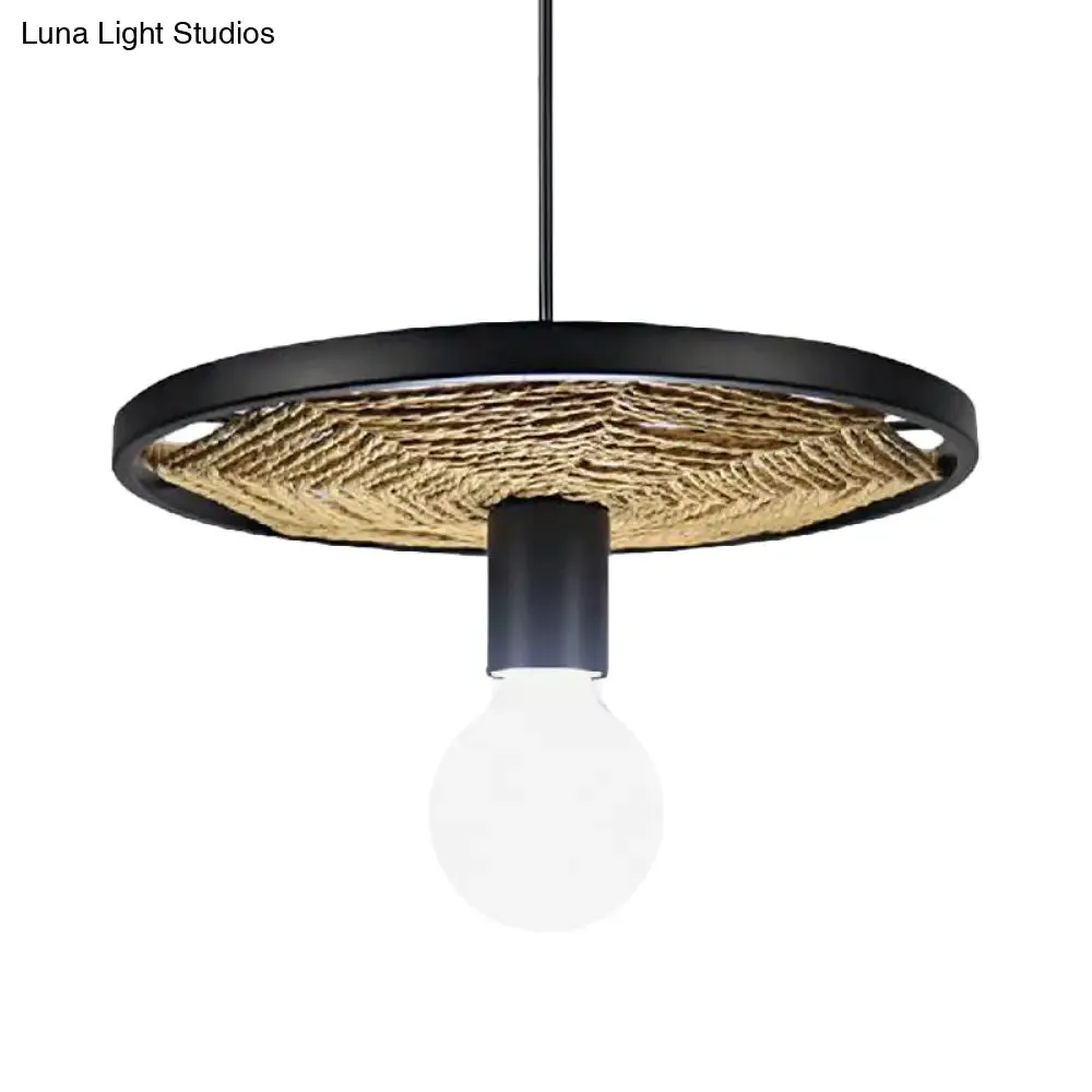 Lodge Style Black Metallic and Rope Hanging Pendant Light for Dining Room - 1 Light Round Design