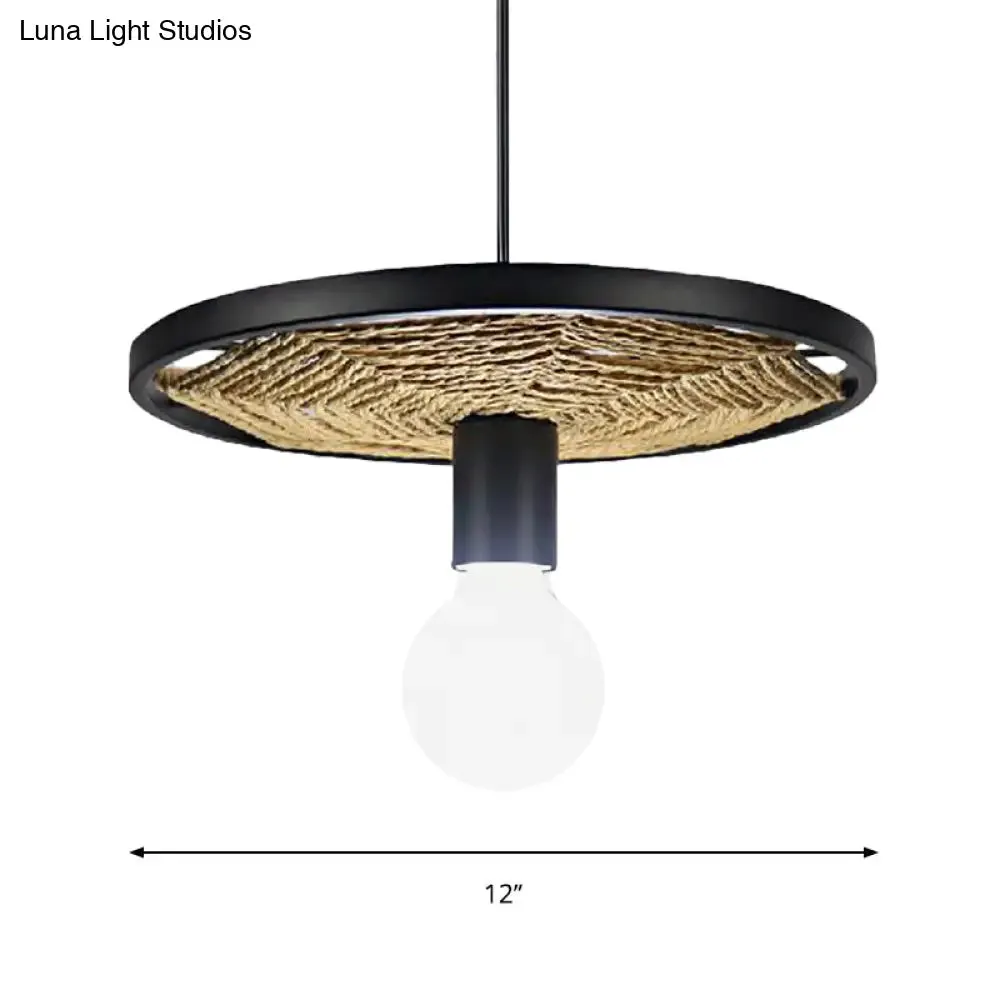 Lodge Style Black Metallic and Rope Hanging Pendant Light for Dining Room - 1 Light Round Design