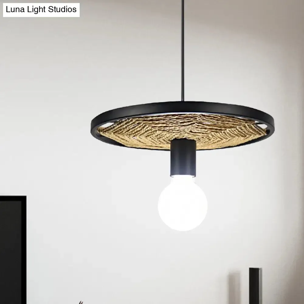 Lodge Style Black Metallic and Rope Hanging Pendant Light for Dining Room - 1 Light Round Design