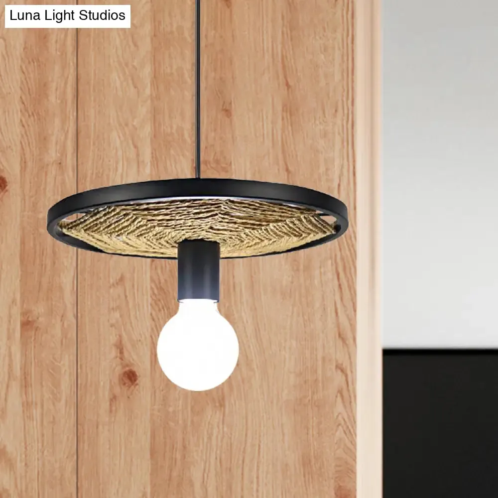 Lodge Style Black Metallic and Rope Hanging Pendant Light for Dining Room - 1 Light Round Design