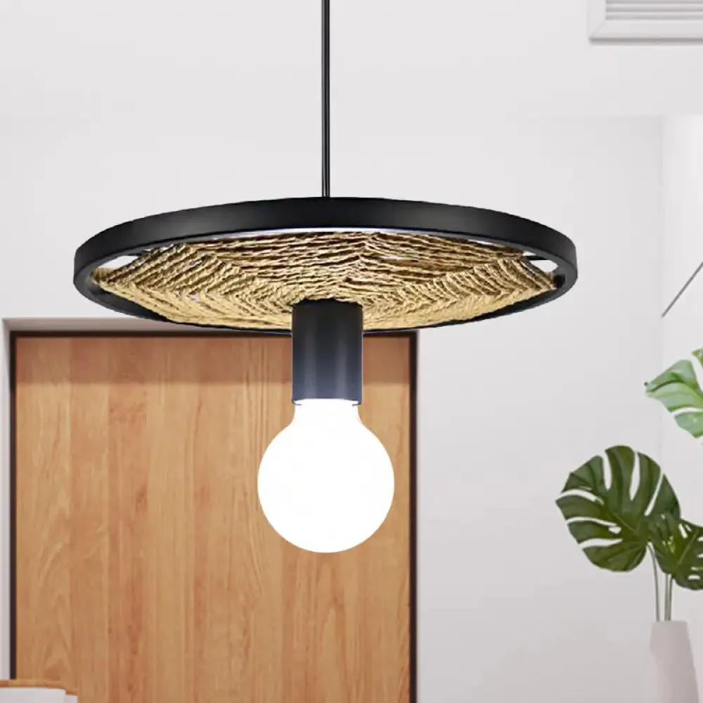 Lodge Style Black Metallic and Rope Hanging Pendant Light for Dining Room - 1 Light Round Design