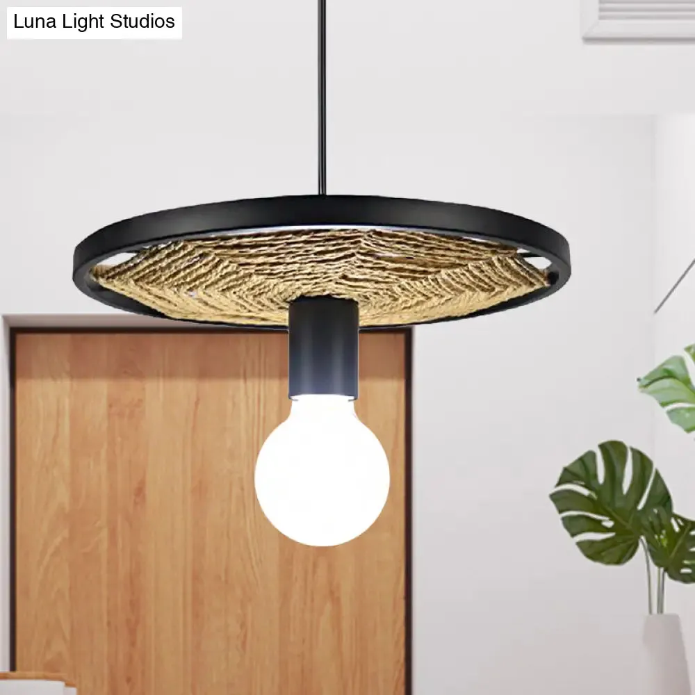 Lodge Style Black Metallic and Rope Hanging Pendant Light for Dining Room - 1 Light Round Design