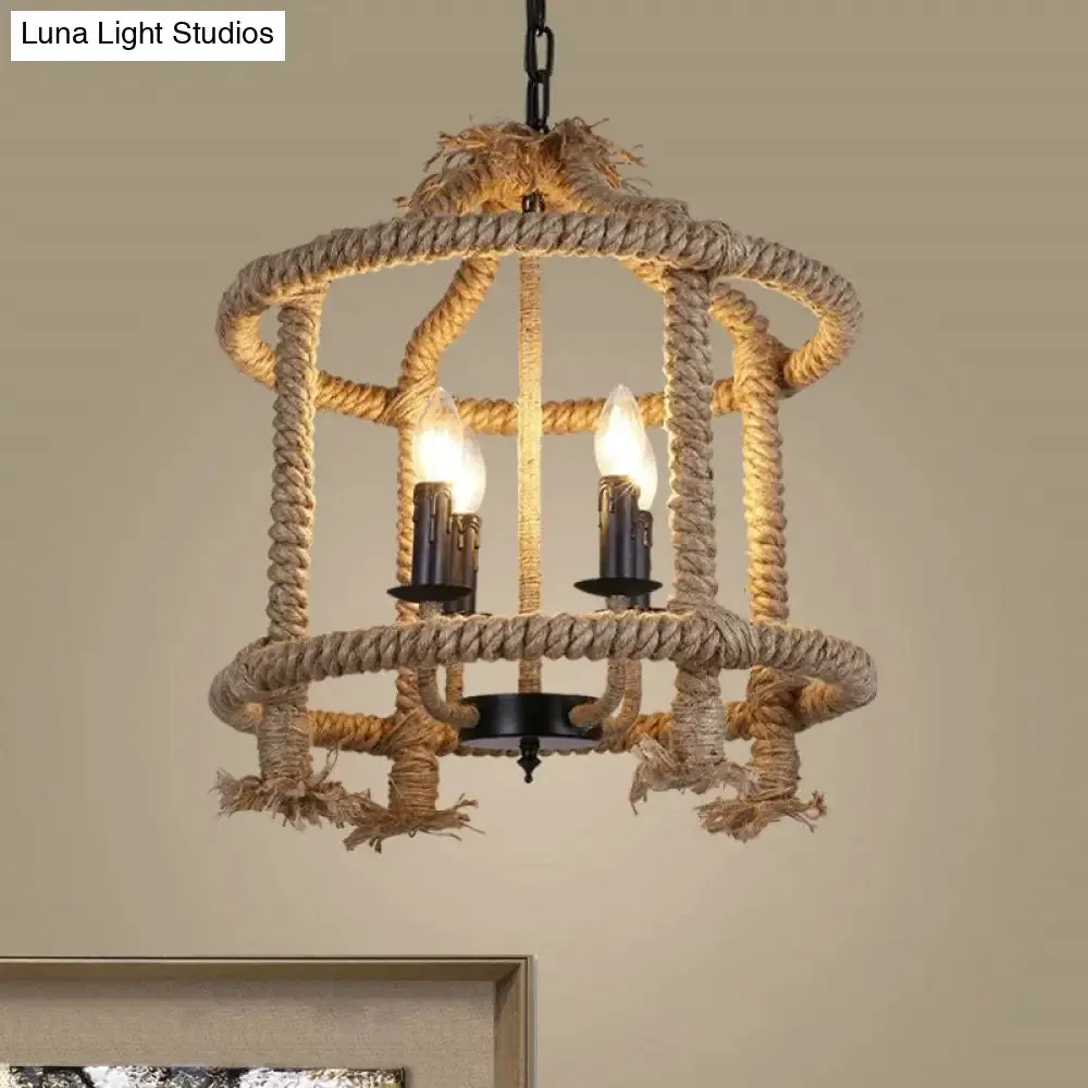 Lodge-Style Brown Pendant Lamp with 4 Rope Cage Shades - Stylish Hanging Light Fixture Perfect for Restaurants