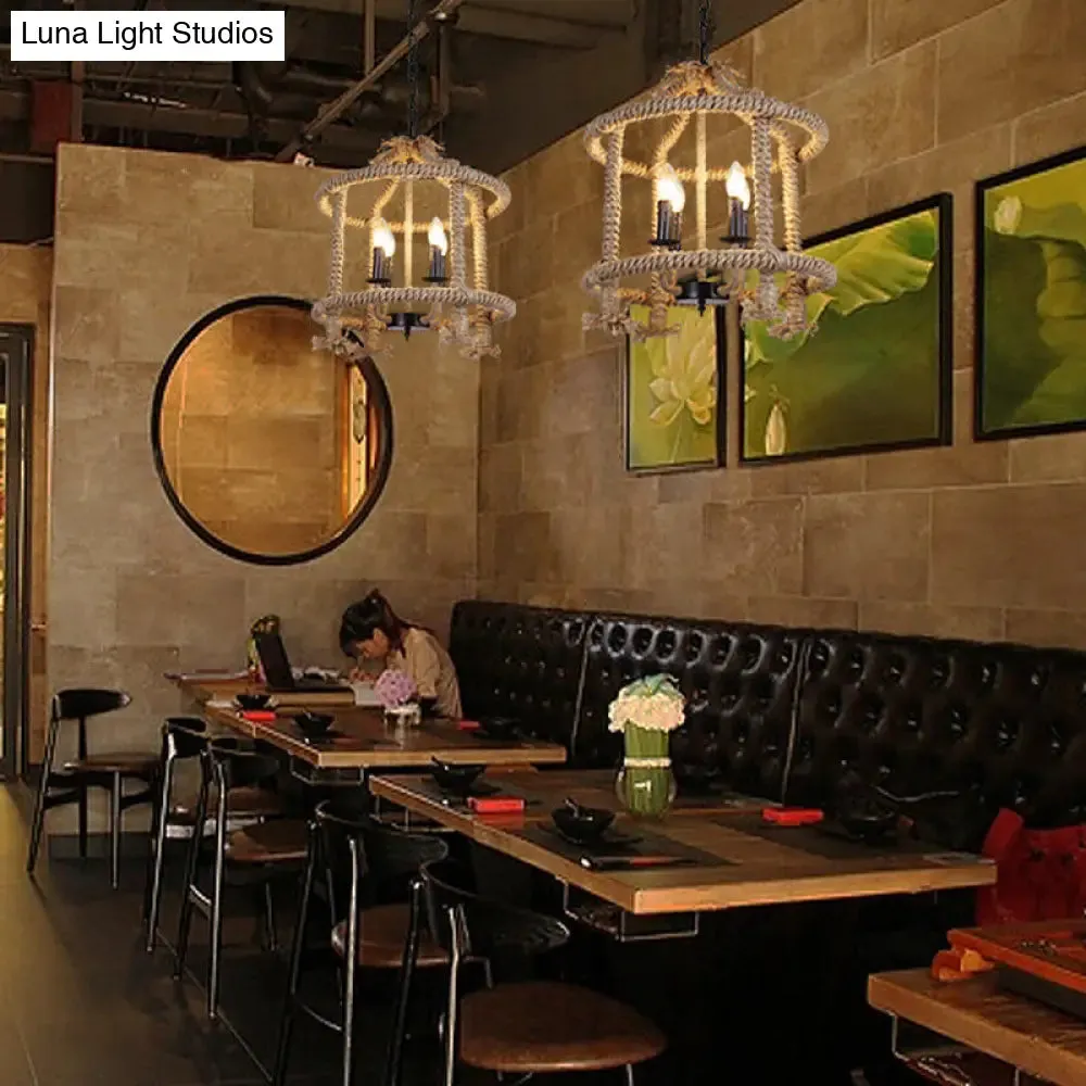 Lodge-Style Brown Pendant Lamp with 4 Rope Cage Shades - Stylish Hanging Light Fixture Perfect for Restaurants