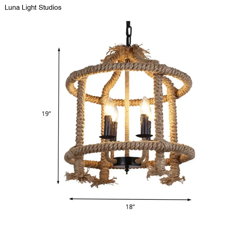 Lodge-Style Brown Pendant Lamp with 4 Rope Cage Shades - Stylish Hanging Light Fixture Perfect for Restaurants