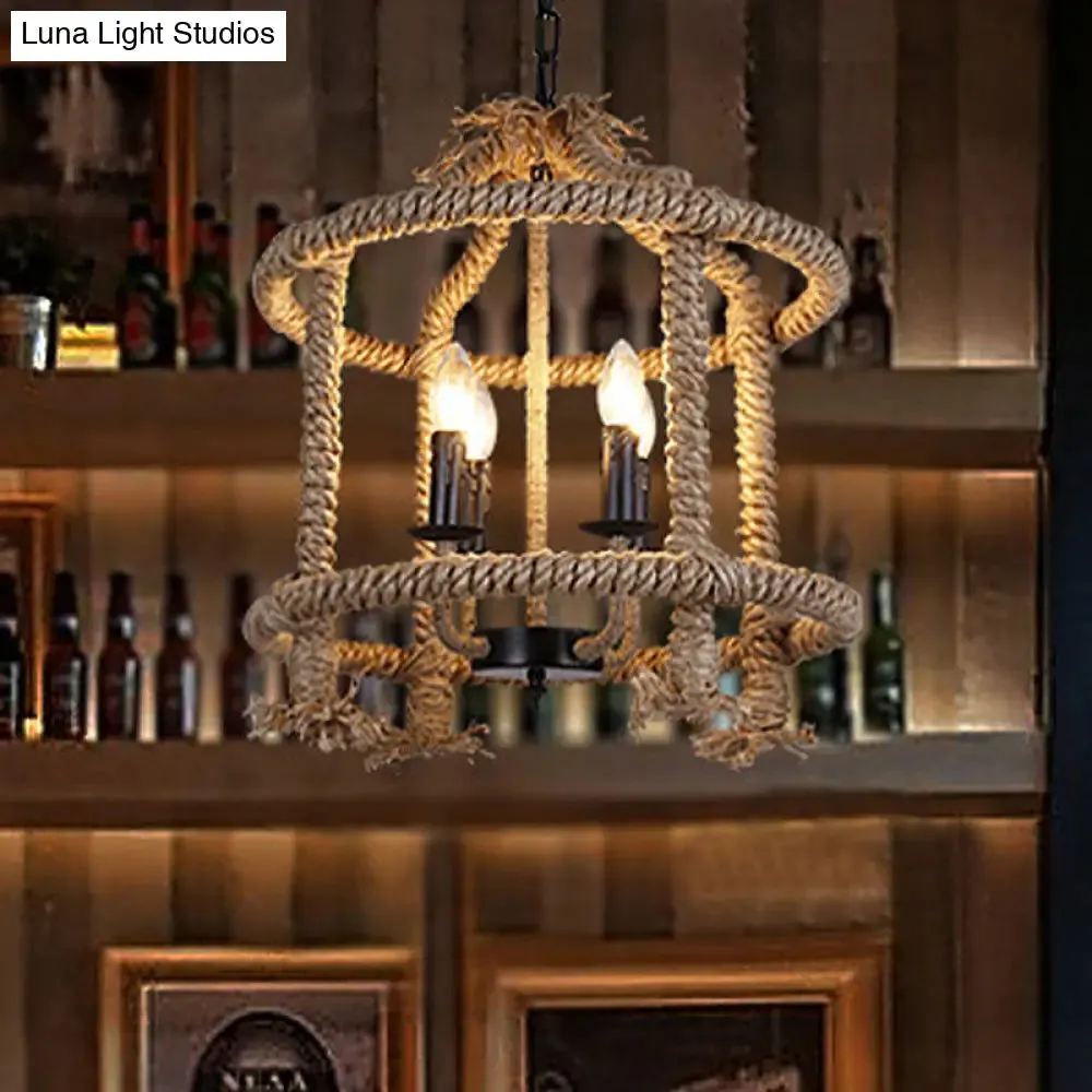 Lodge-Style Brown Pendant Lamp with 4 Rope Cage Shades - Stylish Hanging Light Fixture Perfect for Restaurants