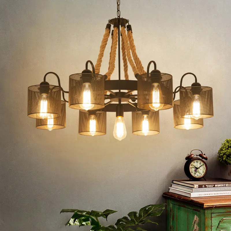 Marta - 9/13-Light Metal Black Chandelier: Farmhouse Rope Pendant Fixture