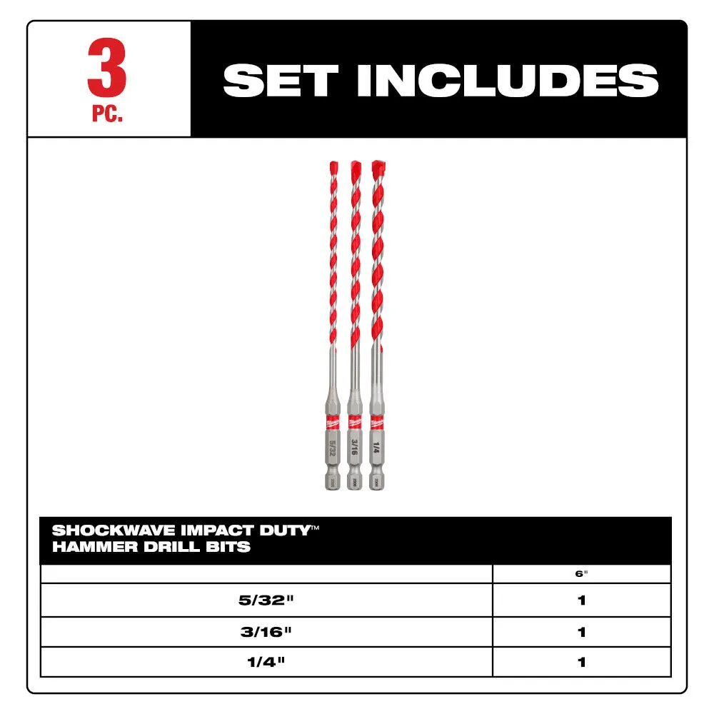 Milwaukee 48-20-9050 3pc. SHOCKWAVE™ Carbide Hammer Drill Bit Kit