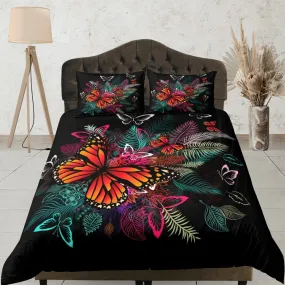 Monarch butterfly bedding tropical black duvet cover colorful dorm bedding, full size adult duvet king queen twin, nursery toddler bedding