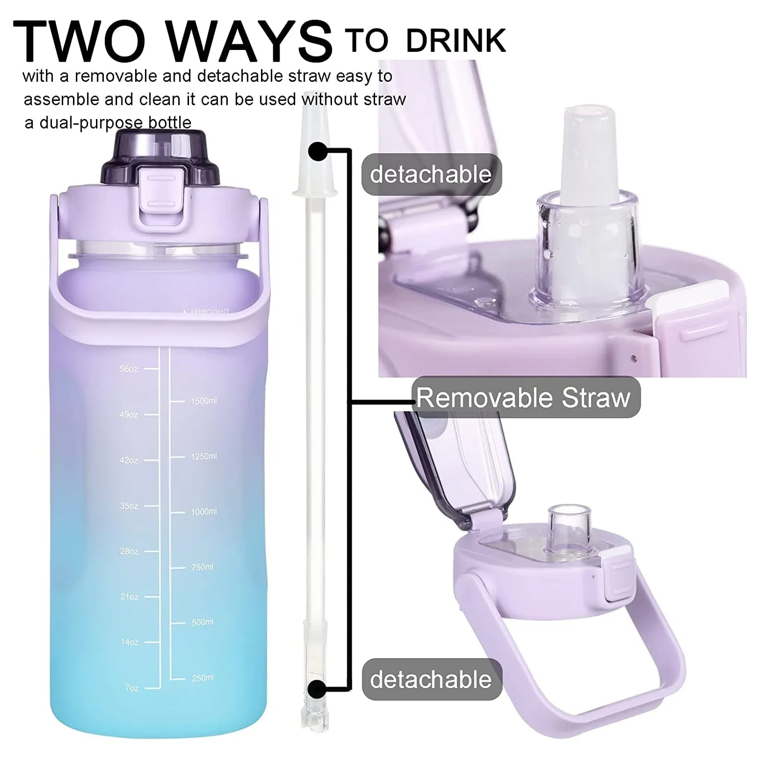 Motivational Water Bottle 2 Liters with Leakproof Time & Capacity Marker BPA-Free Sports Water Bottle Daily Measured Tracking Time Marks Water Cup