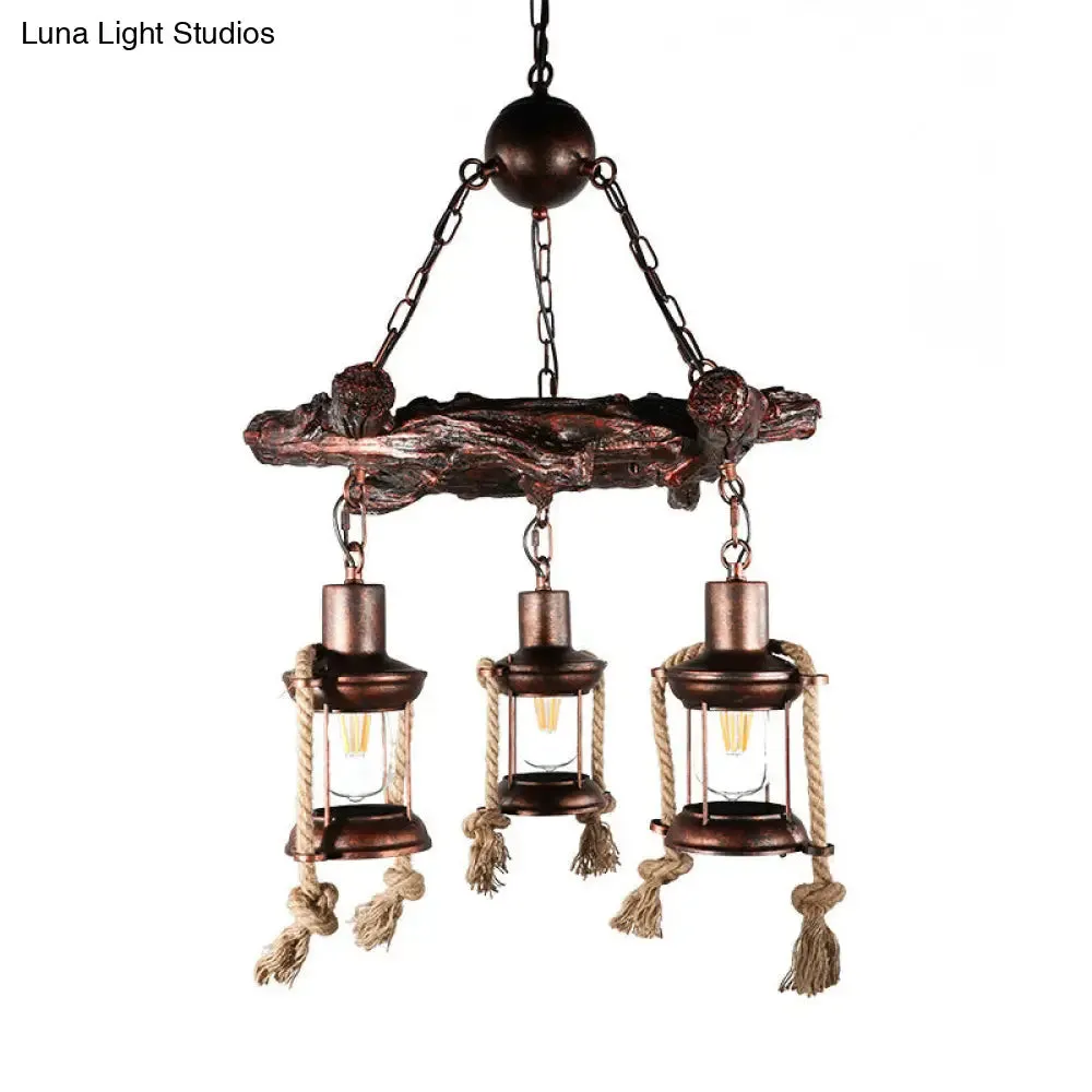 Nautical Hanging Light Kit with Rope Cord - 3/7 Head Metallic Chandelier Pendant in Copper