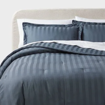 New - 3pc Full/Queen Luxe Striped Damask Comforter and Sham Set Slate Blue - Threshold