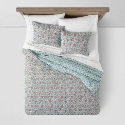 New - Twin/Twin Extra Long Floral Printed Comforter & Sham Set Light Teal Blue - Threshold