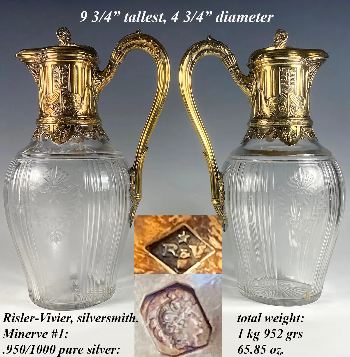 PAIR Superb Antique French Claret Jugs (2) Sterling Silver w 18k Gold Vermeil, Empire Aesthetic