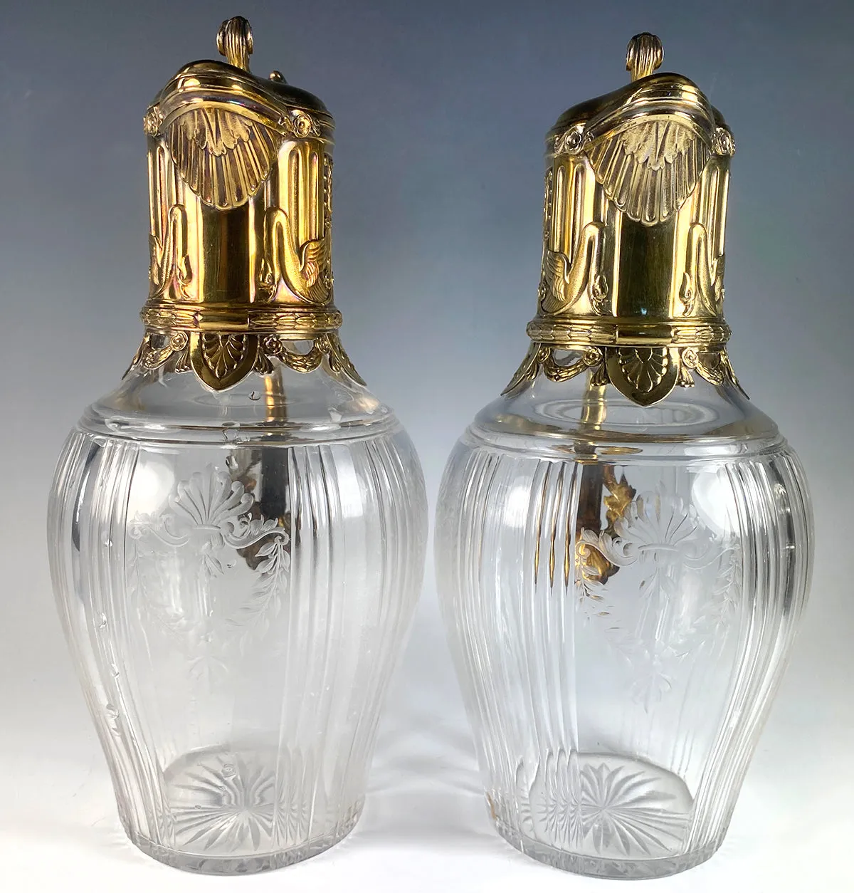 PAIR Superb Antique French Claret Jugs (2) Sterling Silver w 18k Gold Vermeil, Empire Aesthetic