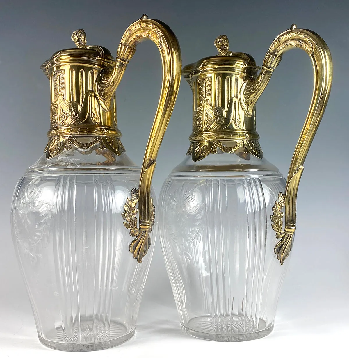 PAIR Superb Antique French Claret Jugs (2) Sterling Silver w 18k Gold Vermeil, Empire Aesthetic