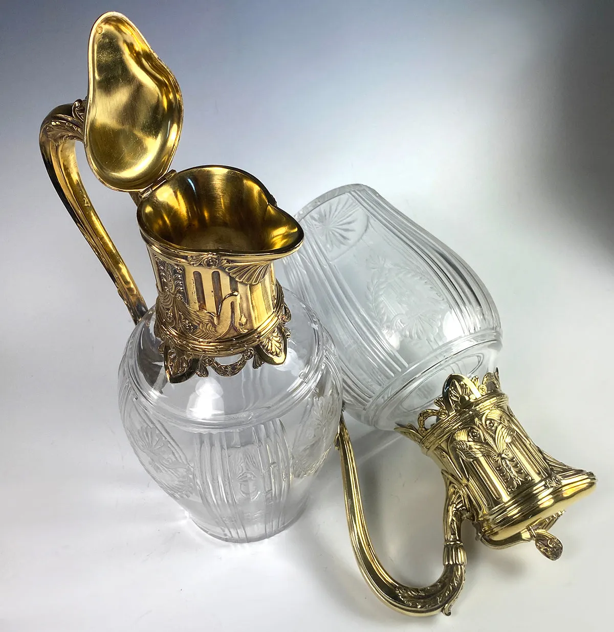 PAIR Superb Antique French Claret Jugs (2) Sterling Silver w 18k Gold Vermeil, Empire Aesthetic