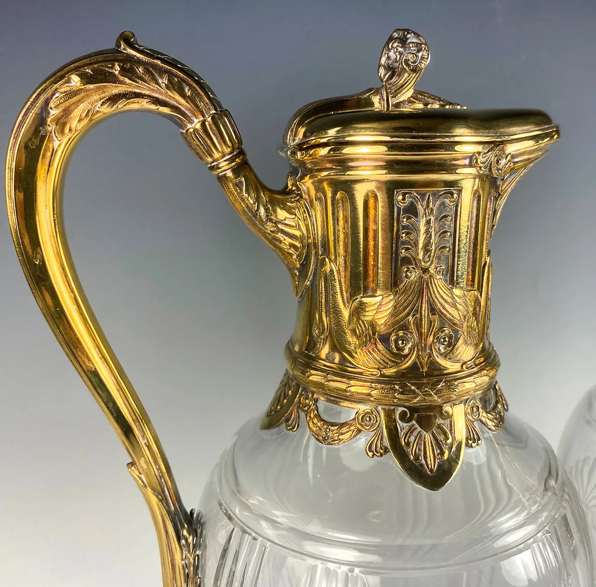 PAIR Superb Antique French Claret Jugs (2) Sterling Silver w 18k Gold Vermeil, Empire Aesthetic