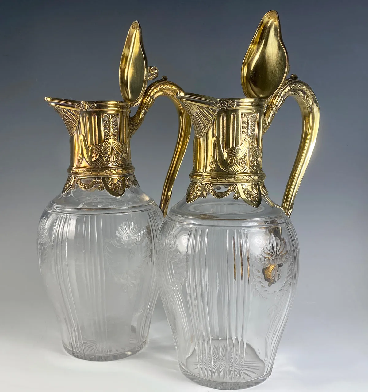 PAIR Superb Antique French Claret Jugs (2) Sterling Silver w 18k Gold Vermeil, Empire Aesthetic