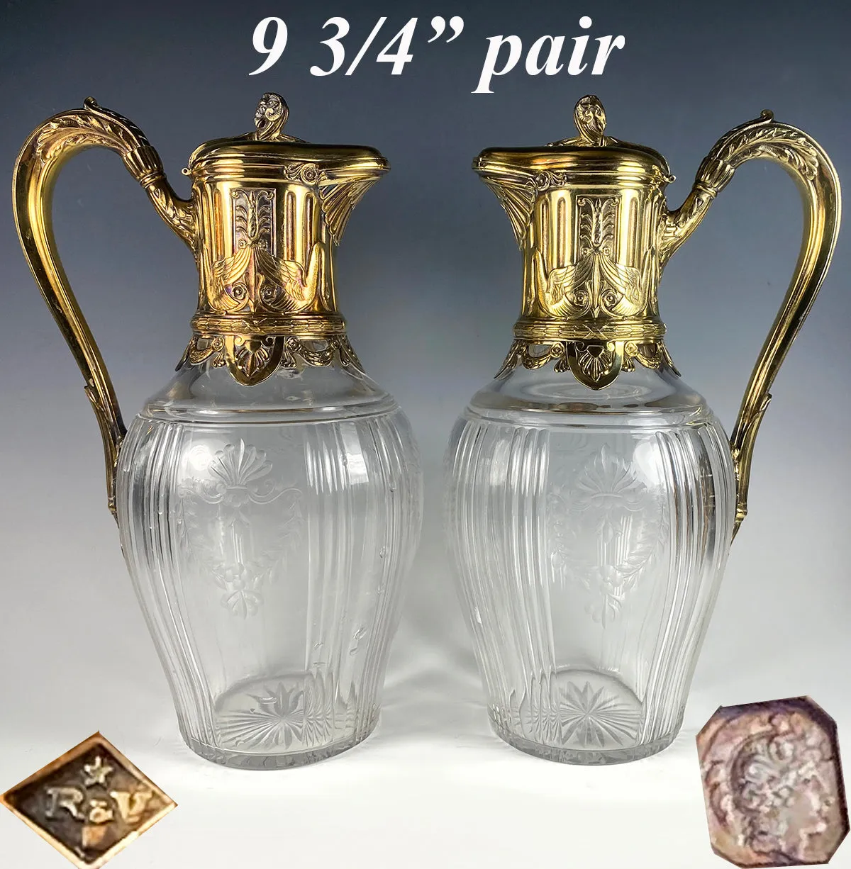 PAIR Superb Antique French Claret Jugs (2) Sterling Silver w 18k Gold Vermeil, Empire Aesthetic