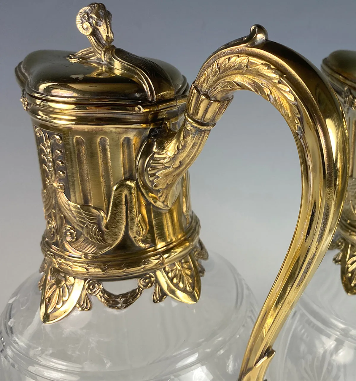 PAIR Superb Antique French Claret Jugs (2) Sterling Silver w 18k Gold Vermeil, Empire Aesthetic