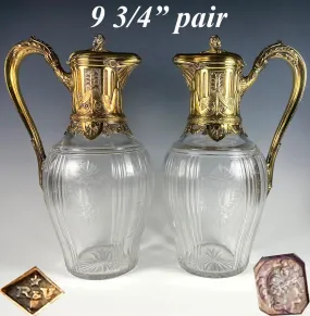 PAIR Superb Antique French Claret Jugs (2) Sterling Silver w 18k Gold Vermeil, Empire Aesthetic