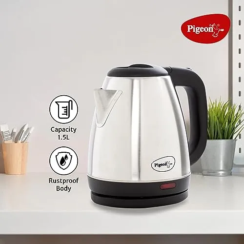 Pigeon 1.5 litre Hot Kettle and Stainless Steel Water Bottle Combo used for boiling Water, Making Tea and Coffee, Instant Noodles, Soup with Auto Shut- off Feature - (Silver)