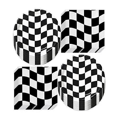 Race Party Supplies Black and White Checkered Paper Dessert Plates and Beverage Napkins (Serves 16)