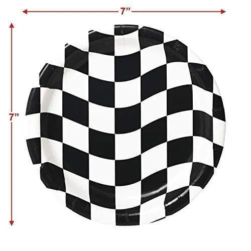 Race Party Supplies Black and White Checkered Paper Dessert Plates and Beverage Napkins (Serves 16)