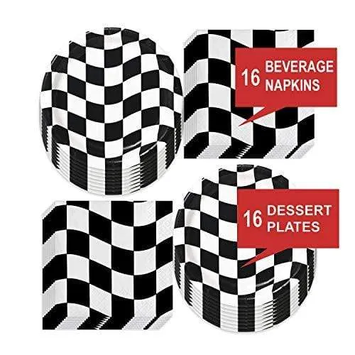 Race Party Supplies Black and White Checkered Paper Dessert Plates and Beverage Napkins (Serves 16)