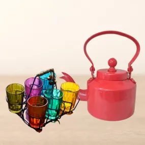 Red Aluminium Kettle with Glass Set and Stand