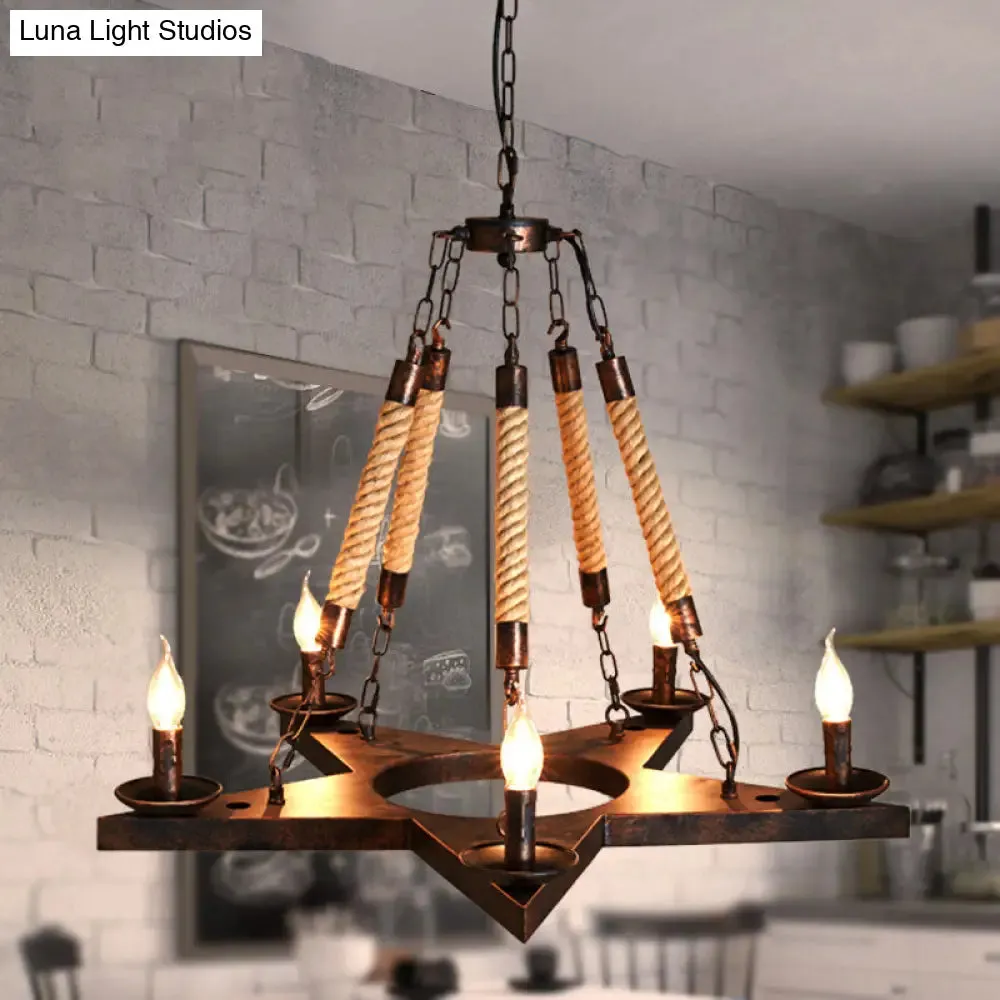 Rustic 5-Light Metallic Star Chandelier Pendant Lamp for Restaurants with Open Bulb