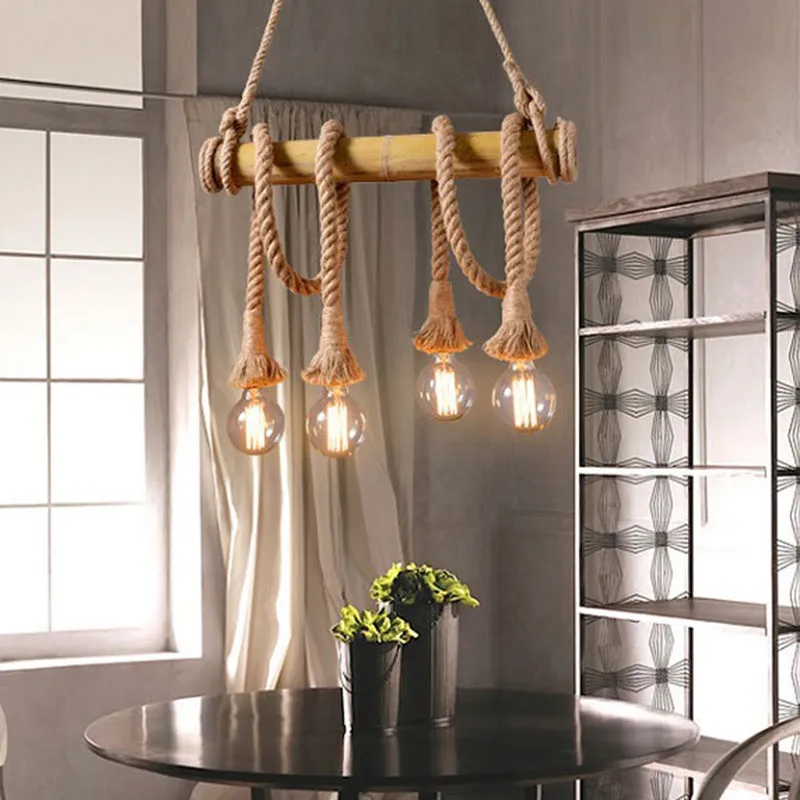 Rustic Brown Island Pendant Light with Rope and Bamboo Pole