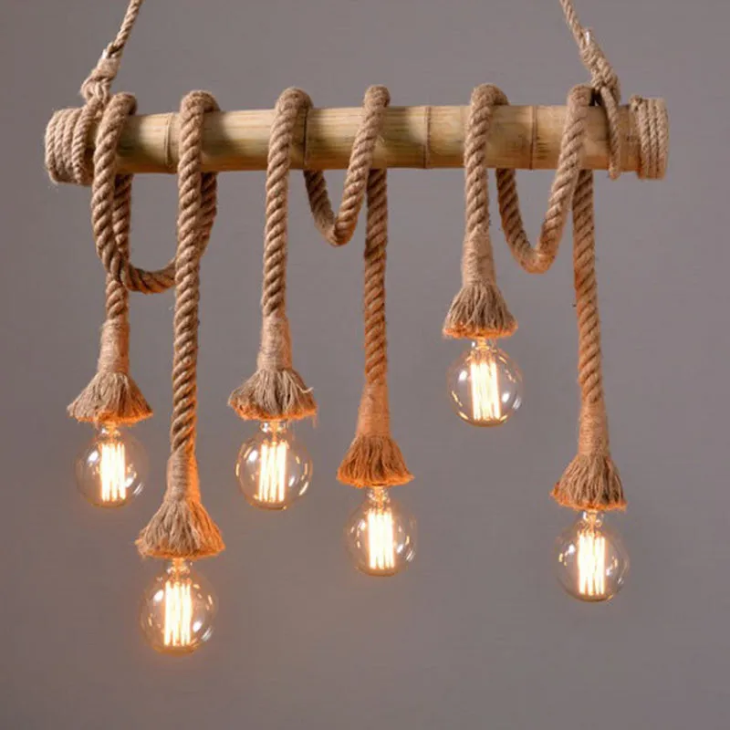 Rustic Brown Island Pendant Light with Rope and Bamboo Pole