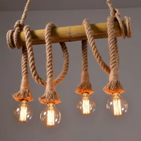 Rustic Brown Island Pendant Light with Rope and Bamboo Pole