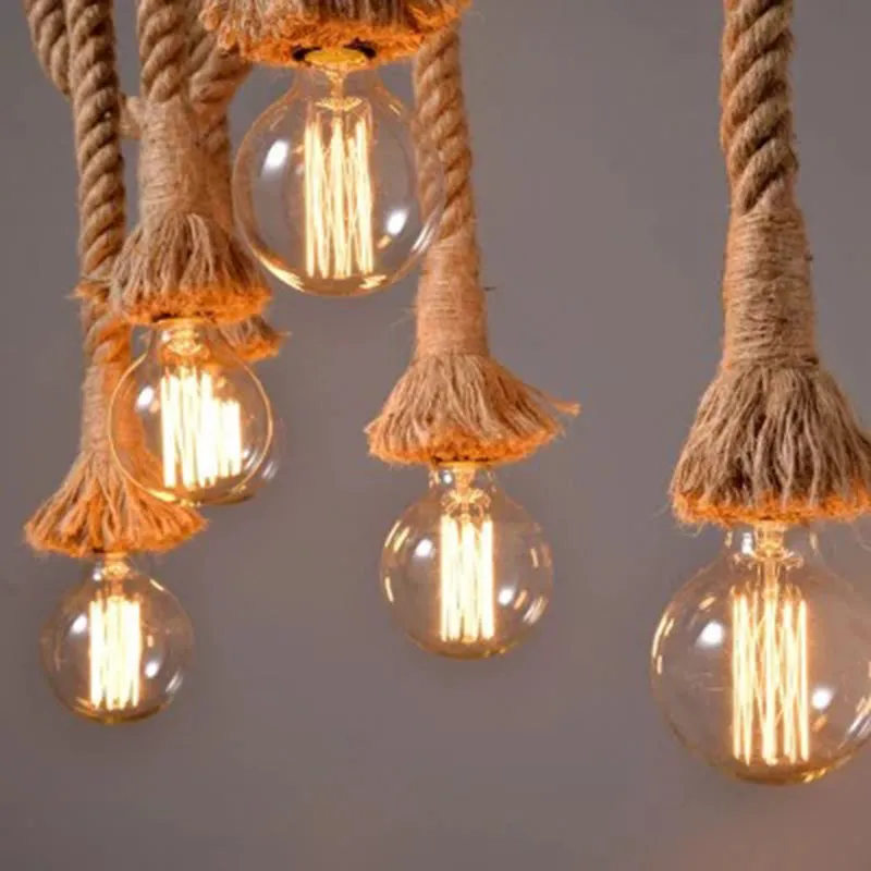 Rustic Brown Island Pendant Light with Rope and Bamboo Pole