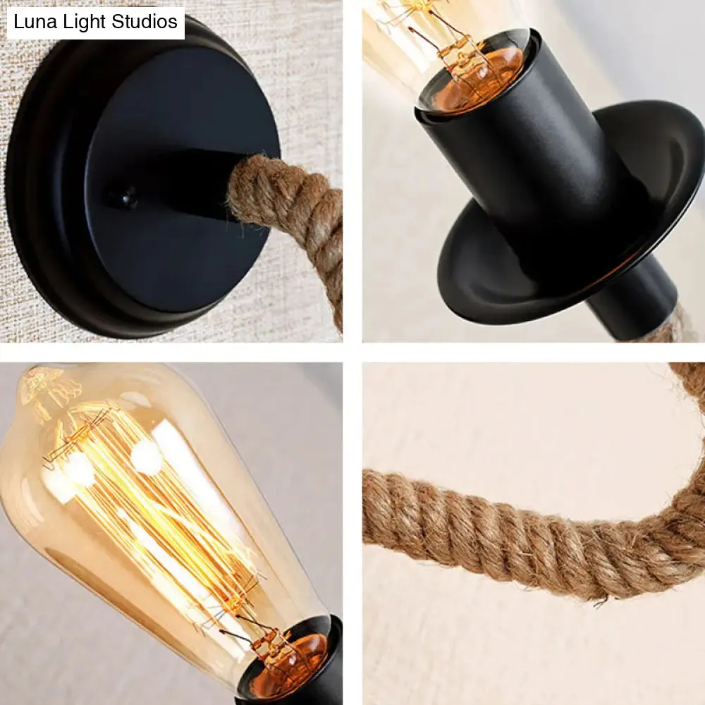 Rustic Brown Rope Wall Sconce with Exposed Bulb Design