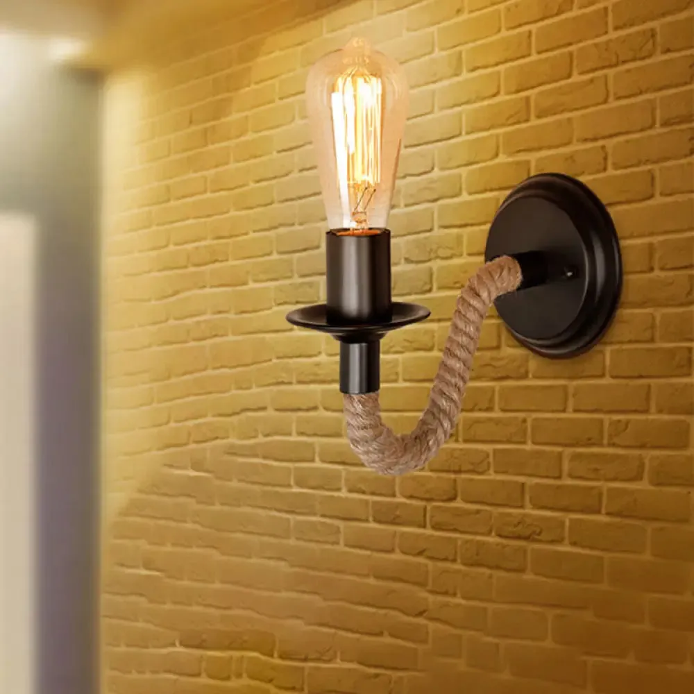 Rustic Brown Rope Wall Sconce with Exposed Bulb Design