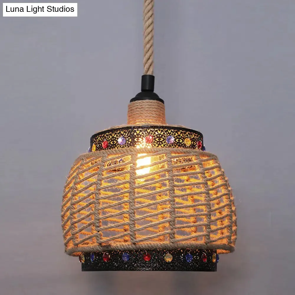 Rustic Hemp Rope Hanging Lamp, Vintage Single-Bulb Pendant for Restaurants - Brown