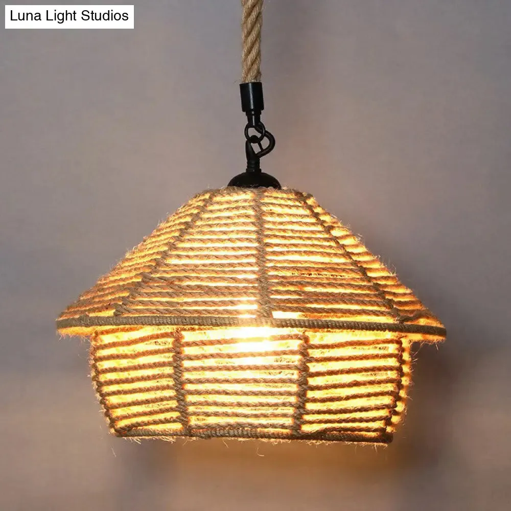 Rustic Hemp Rope Hanging Lamp, Vintage Single-Bulb Pendant for Restaurants - Brown