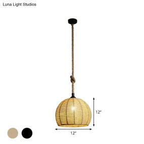 Rustic Hemp Rope Pendant Lamp for Dining Table - 1-Light, Black/Brown, 10"/12" Wide