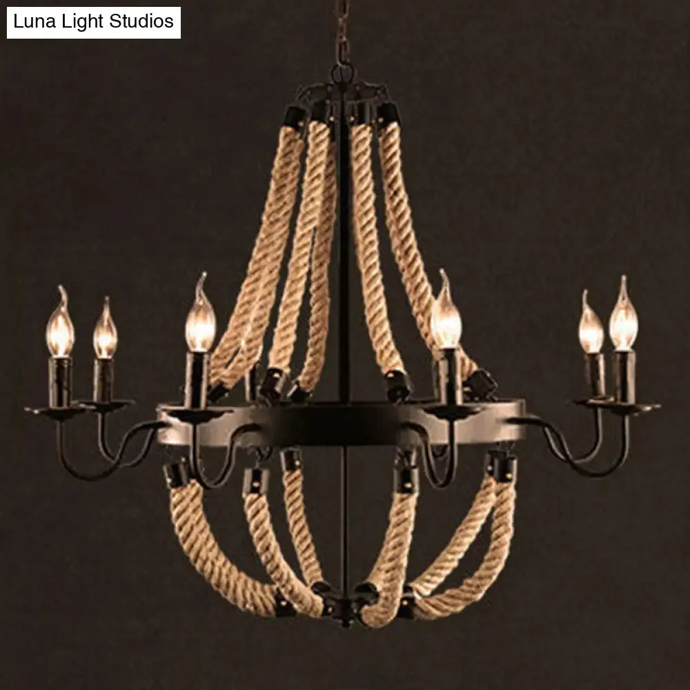 Rustic Iron Candlestick Chandelier with Hemp Rope - Flaxen Pendant Lighting for Living Room