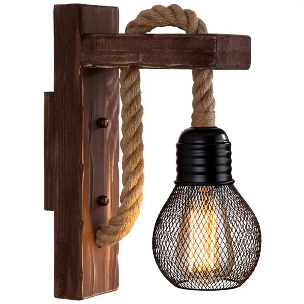 Rustic L-Shaped Wall Mount with Hemp Rope Cord - Brown Wood Dining Room Fixture