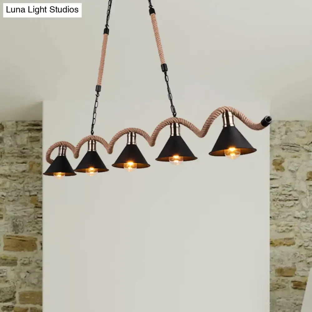 Rustic Metal Cone Island Ceiling Light with Rope and Chain - Brown