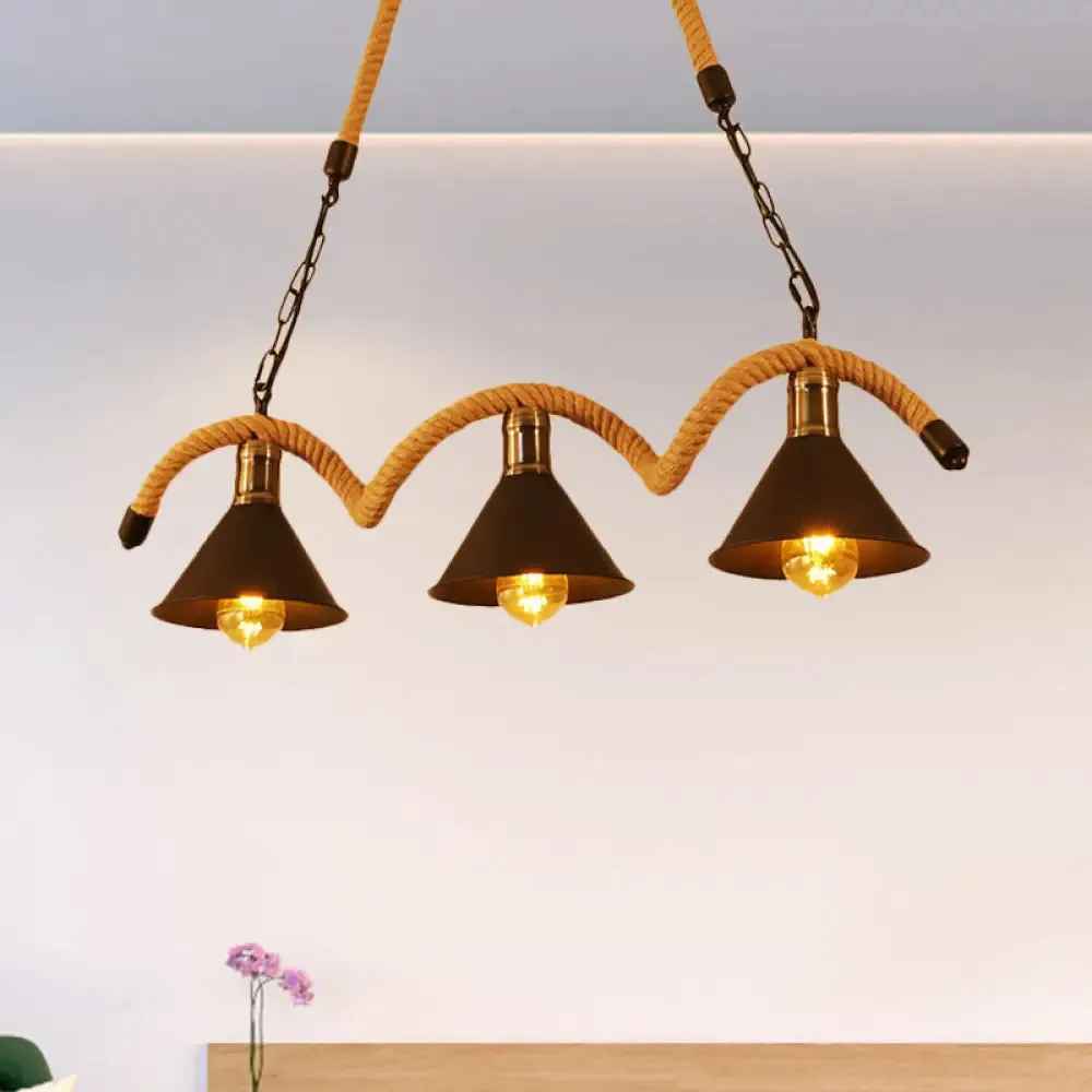 Rustic Metal Cone Island Ceiling Light with Rope and Chain - Brown