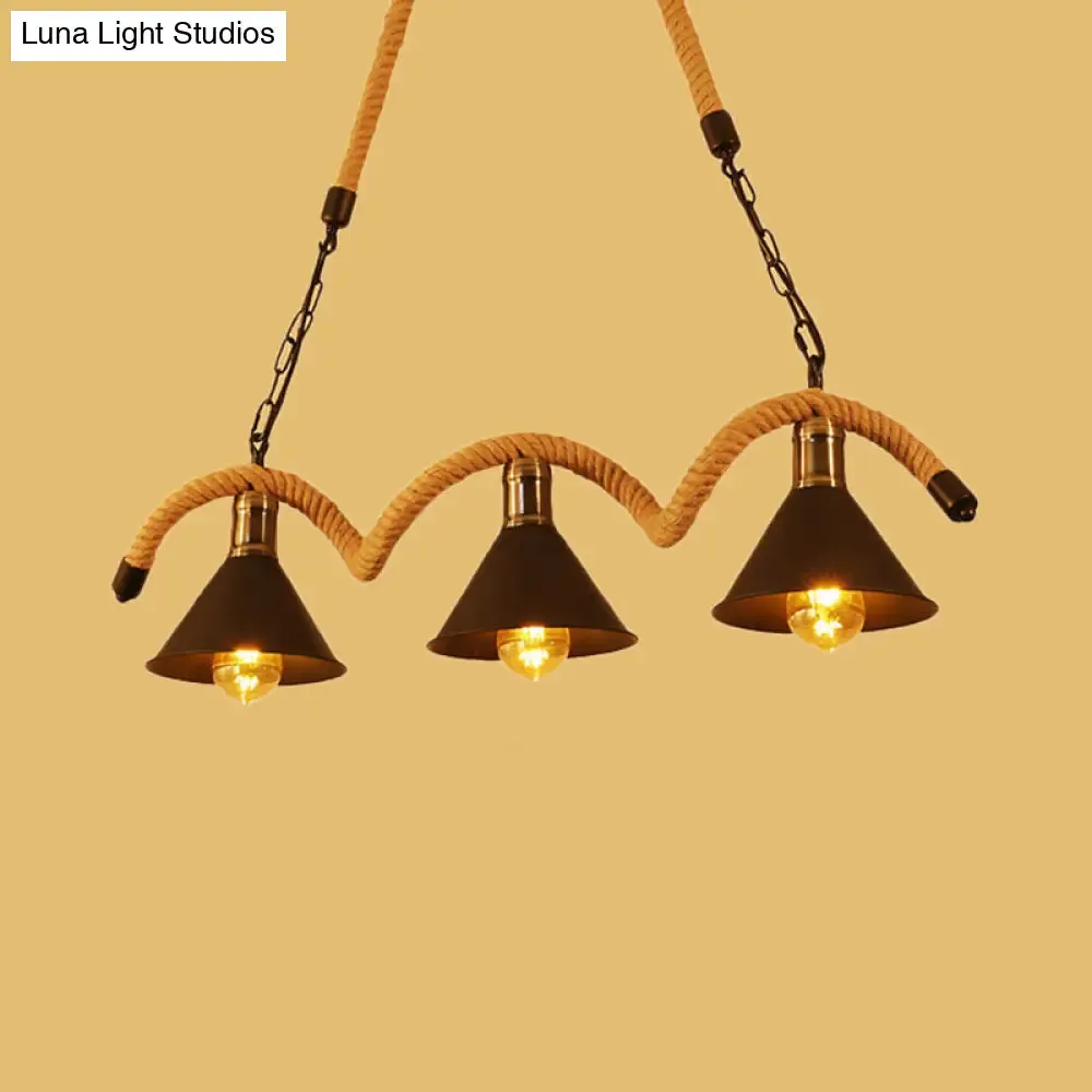 Rustic Metal Cone Island Ceiling Light with Rope and Chain - Brown