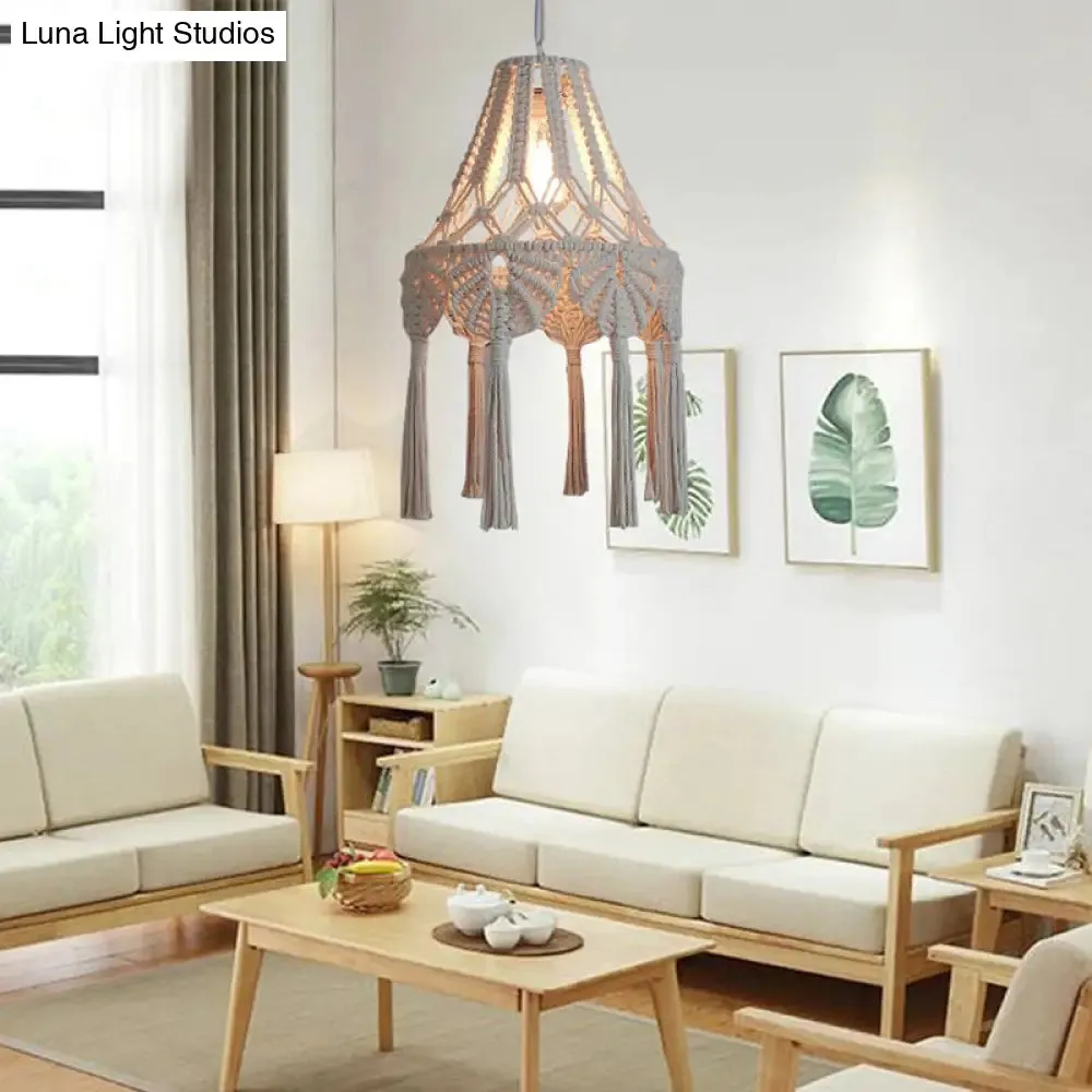 Rustic Scalloped Rope Suspension Lamp: Beige 1-Light Ceiling Fixture with Tassel Fringe for Country Living Rooms